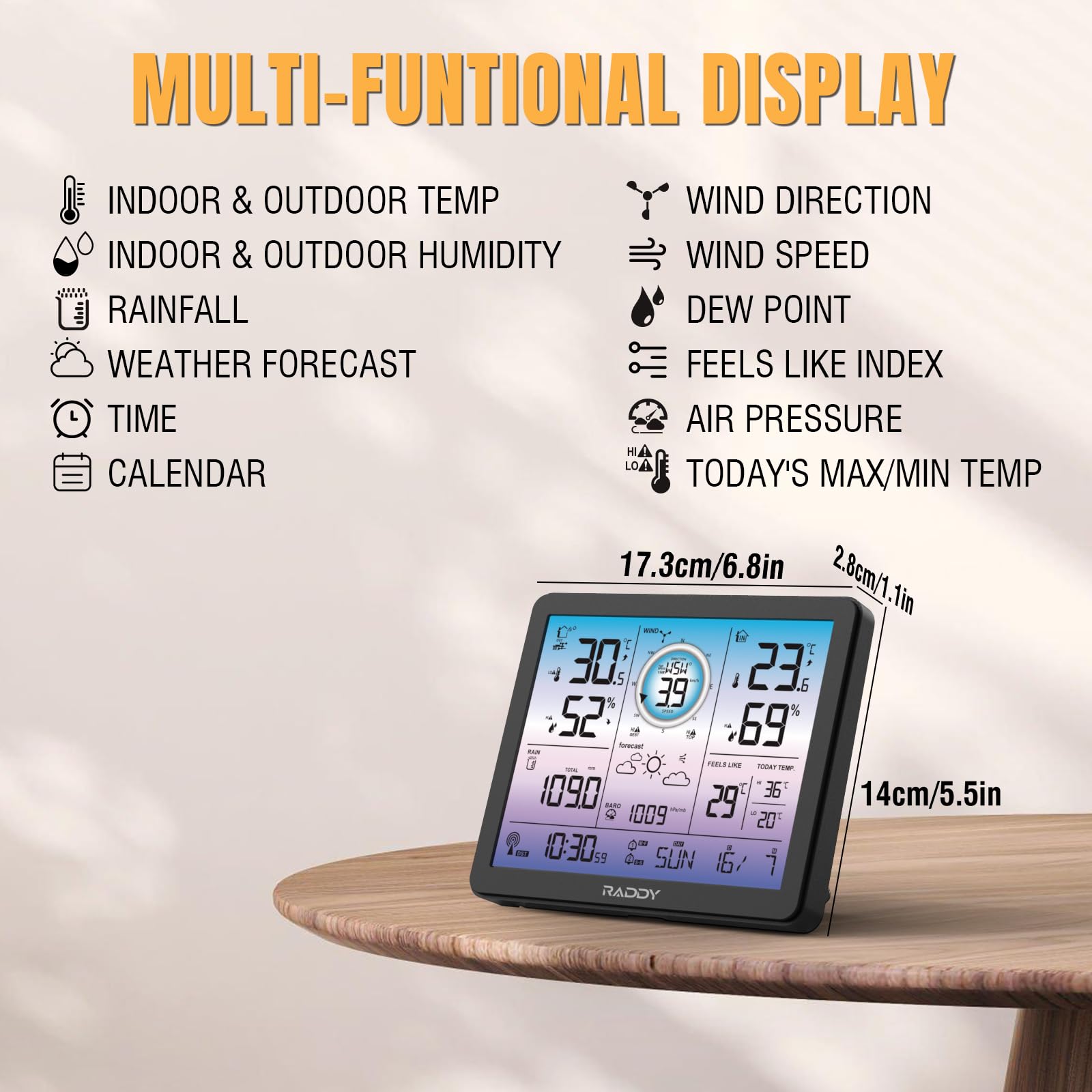 Raddy VP7 Stazione meteorologica, Termometro wireless per interni ed esterni, 7,4'' display digitale a colori, Monitor di temperatura e umidità, Previsioni del tempo & Pressione barometrica