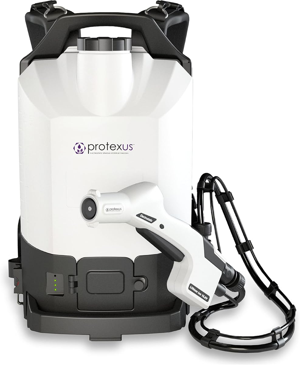 Pulverizador de mochila electrostático inalámbrico EvaClean Protexus | Recargable de 16,8 V, 2,25 galones, boquilla de 60 micrones, manguera de 4 pies - Desinfectante y desinfectante comercial - Cobertura de 23,000 pies cuadrados
