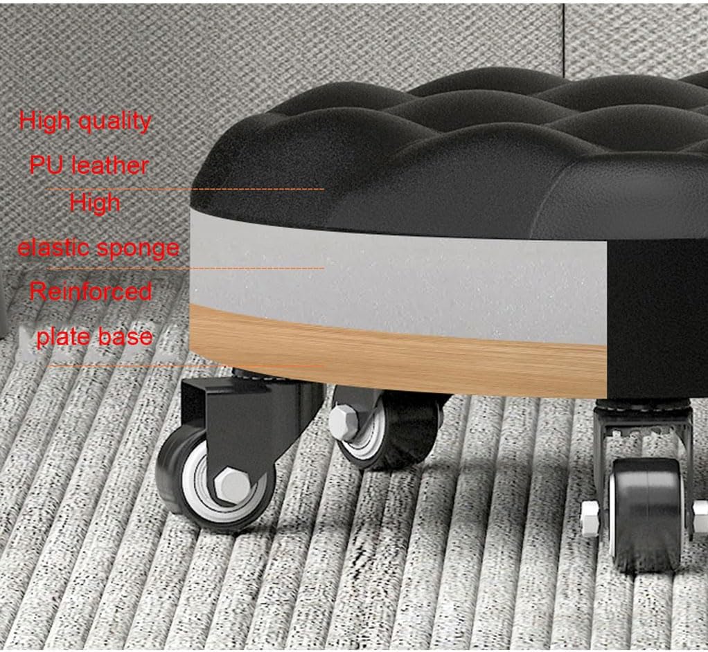 Low Roller Stool with 360° Swivel Wheels, Low-Height Short Rolling Stool Seat, PU Leather Small Mechanic Chair, Rolling Stools for Pedicure, Garage, Shop, Library Black