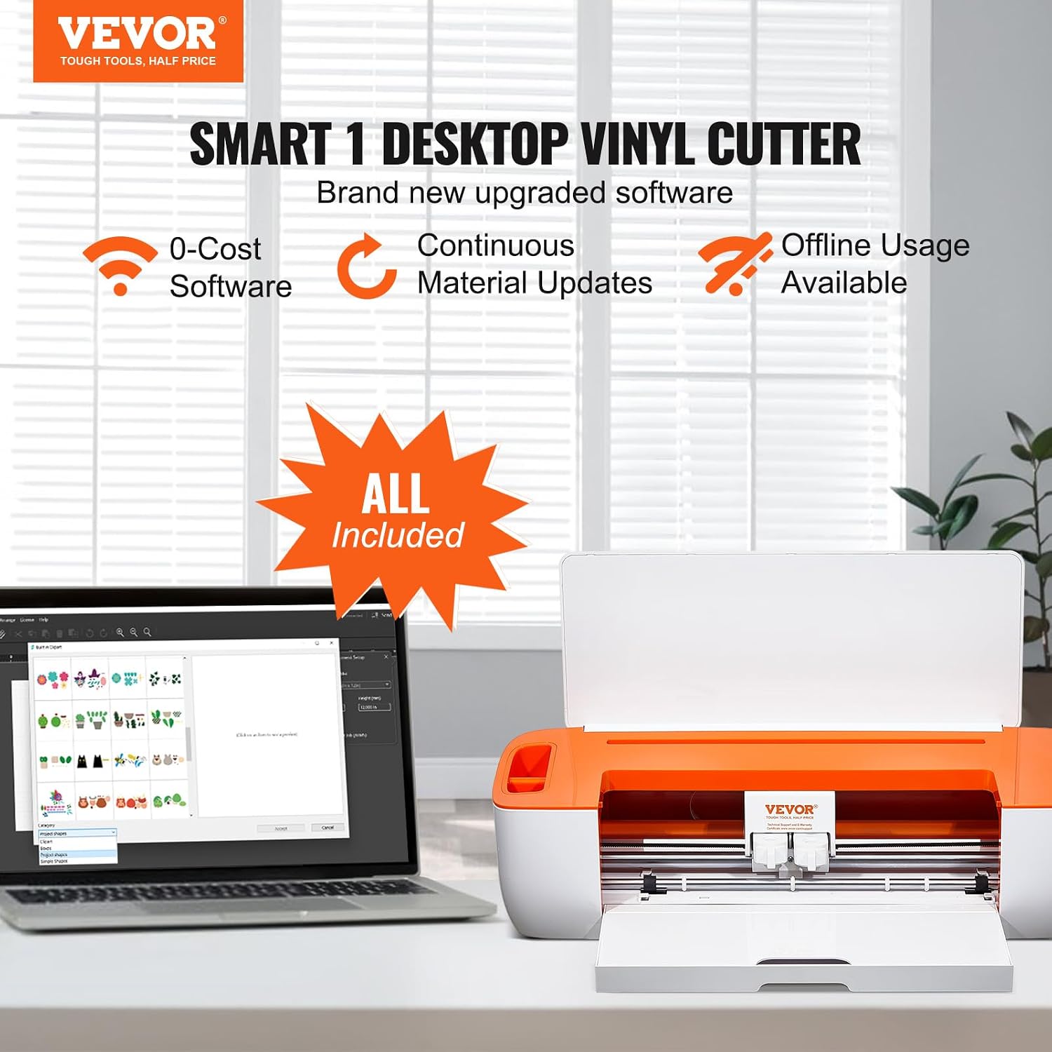 VEVOR Smart1 Desktop Vinyl Cutter with laptop showing software interface