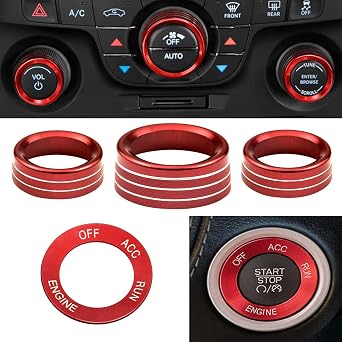 Control Knob Covers,Engine Start Stop Sticker Volume AC Radio Switch Button Decal Trim Aluminum Alloy Rings Compatible with Dodge Challenger/Charger 2015-2021 4 pcs- Red