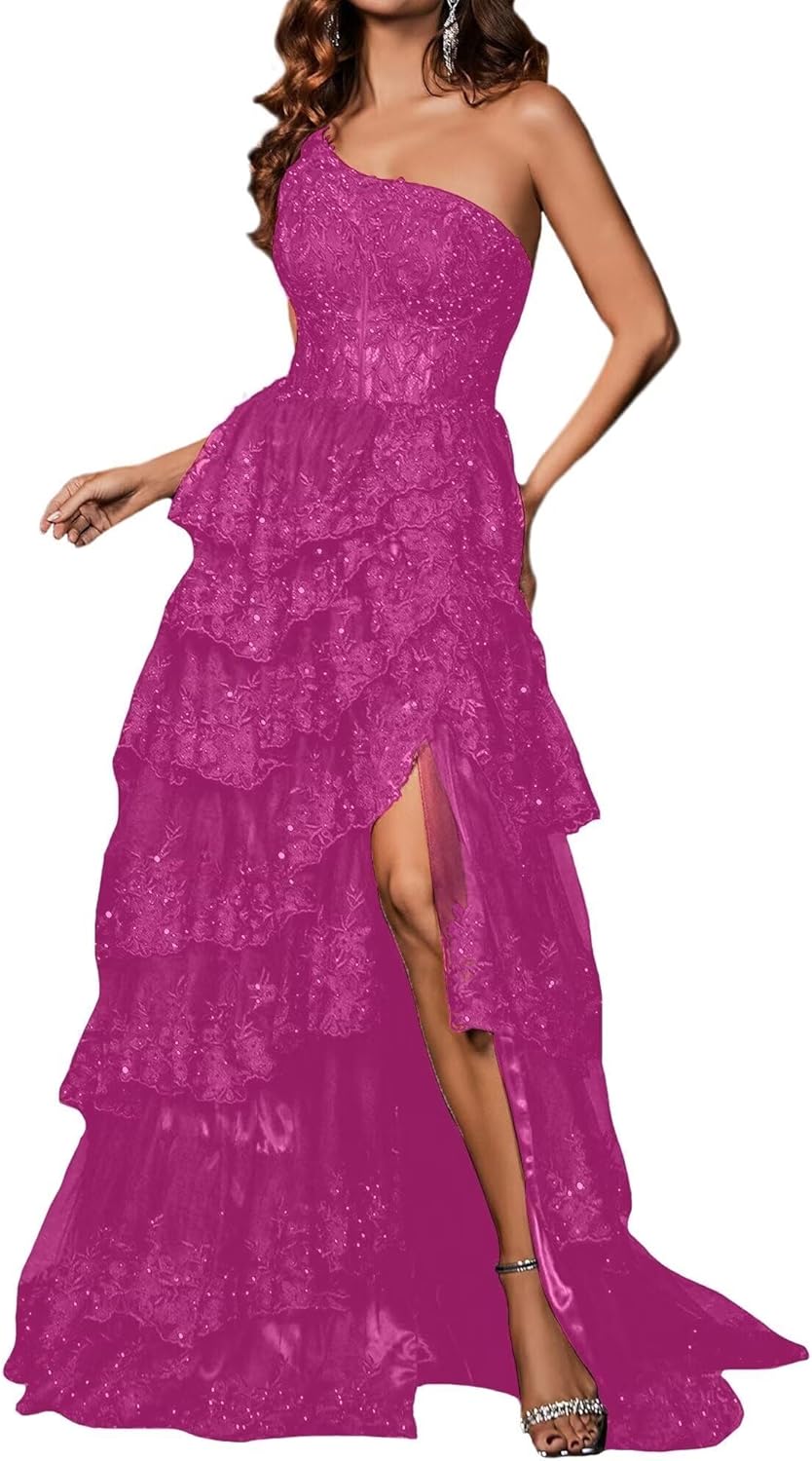 One Shoulder Lace Tulle Prom Dresses Tiered Long Formal Gown with Slit Maxi Dress Sparkly Ball Gown PS525