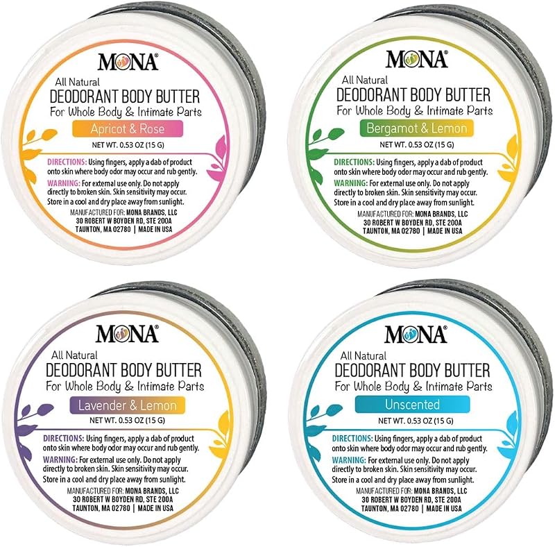 MONA Creme desodorante corporal em tamanho viagem, sem alumínio e bicarbonato, pacote com 4 unidades de 15 g, fragrâncias naturais