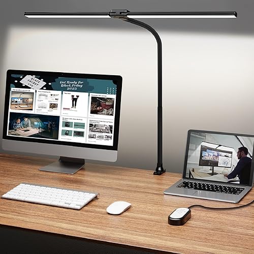 ShineTech Led Desk Lamp for Office Home, Bright Double Head Desk Light with Clamp, Architect Task Lamp 50 Lighting Modes Adjustable Flexible