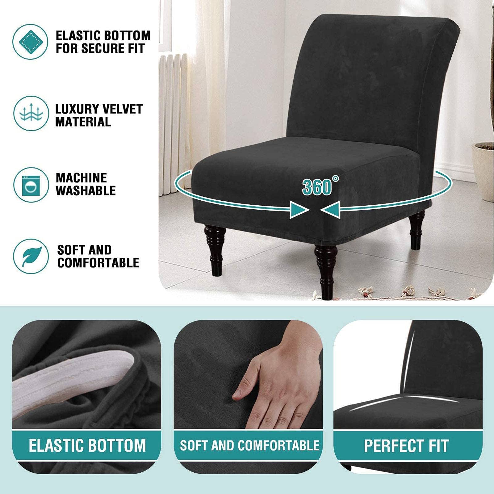 Fundas elásticas de terciopelo para sillas sin brazos, para comedor, fundas protectoras elásticas para muebles, lavables a máquina, color negro, juego de 1