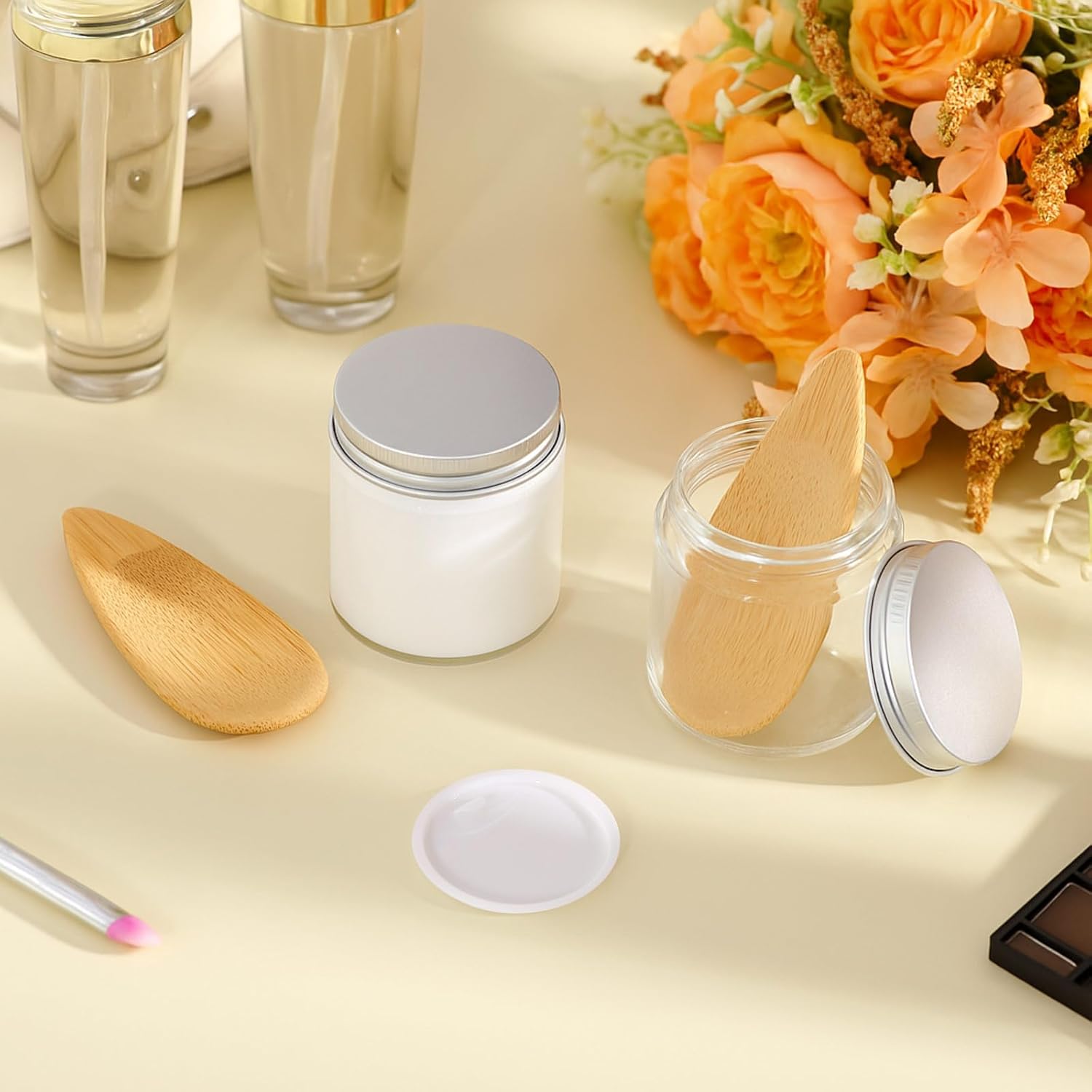 Nuogo 12 Sets 4 oz Glass Jars with Applicators for Deodorant Cream Small Glass Containers with Lids and Inner Liners for Facial Mud Makeup Cosmetic Salve Lip Balm Cream Lotion