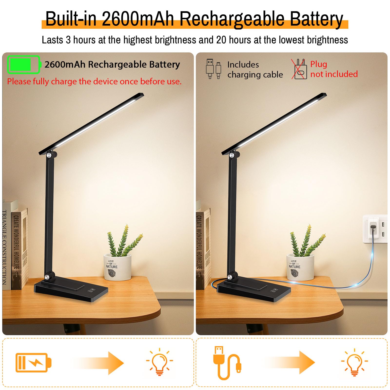 Lámpara Escritorio LED, 800LM 2600mAh Flexo LED Escritorio sin Cable, 5 Modos, 5 Niveles de Brillo Lámpara de Mesa Aluminio & Plegable con Puerto USB para Cama, Estudiar