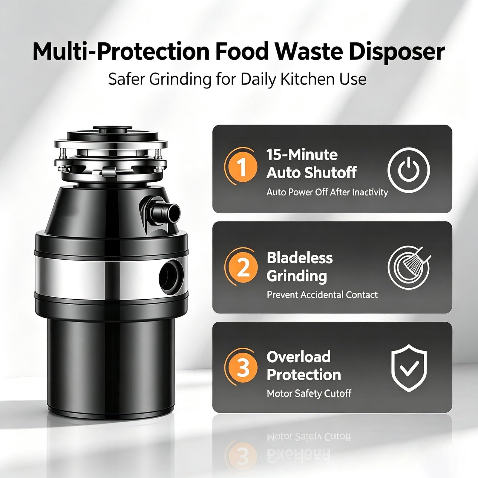 Eliminación de basura de 560 W for fregadero de cocina, triturador de residuos de alimentos de 2600 RPM | Reversa automática, arranque remoto inalámbrico, rectificado de acero inoxidable y carcasa de ABS práctica