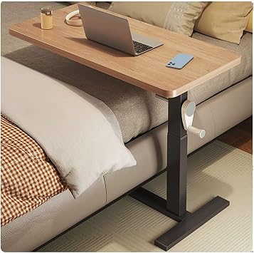 Crank Adjustable Overbed Table, Height-Adjustable Mobile Standing Desk Adjustable Height 6996cm Hidden Universal Wheel Smooth Rolling Adjustable Bed Side Table 80x40cm Black FrameB
