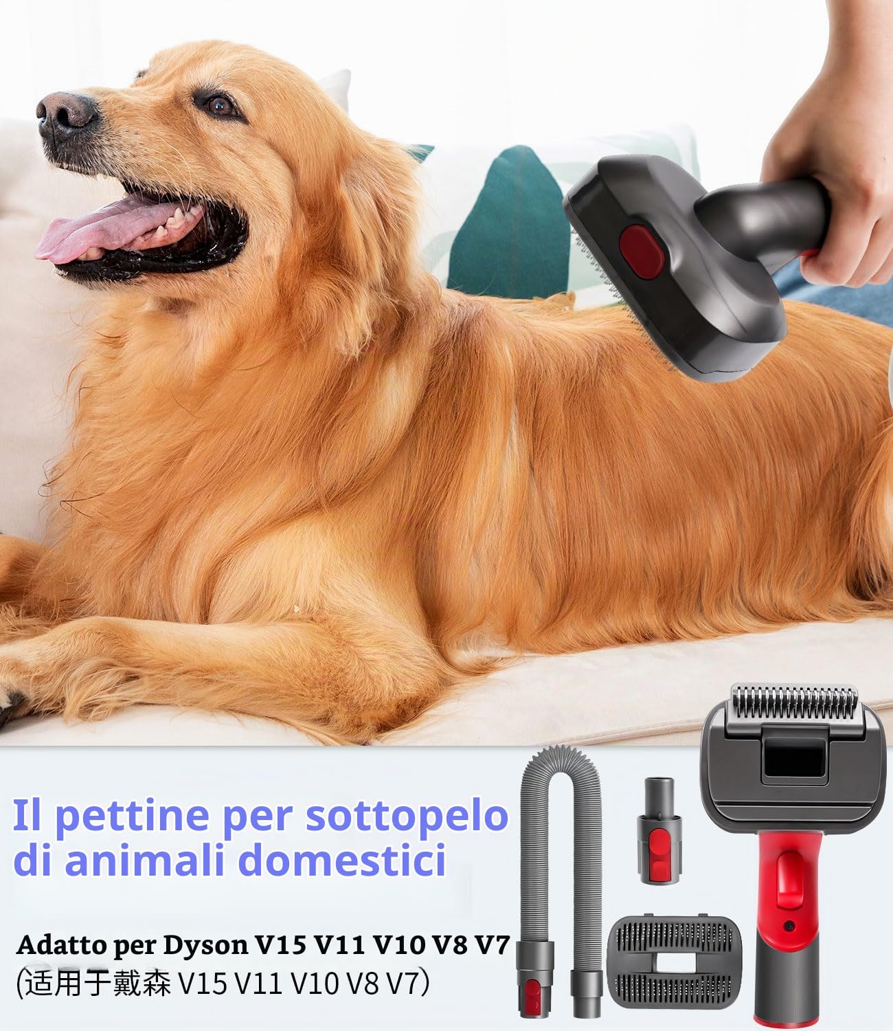Spazzola per Cani,Peli Cane Gatto Compatibile per DysonV15 V11 V10 V8 V7,Spazzola Aspira Peli Animali Domestici con Adattatore Convertitore,1Tubo di prolunga, 2 Spazzolini,Pet Grooming Kit Ricambi