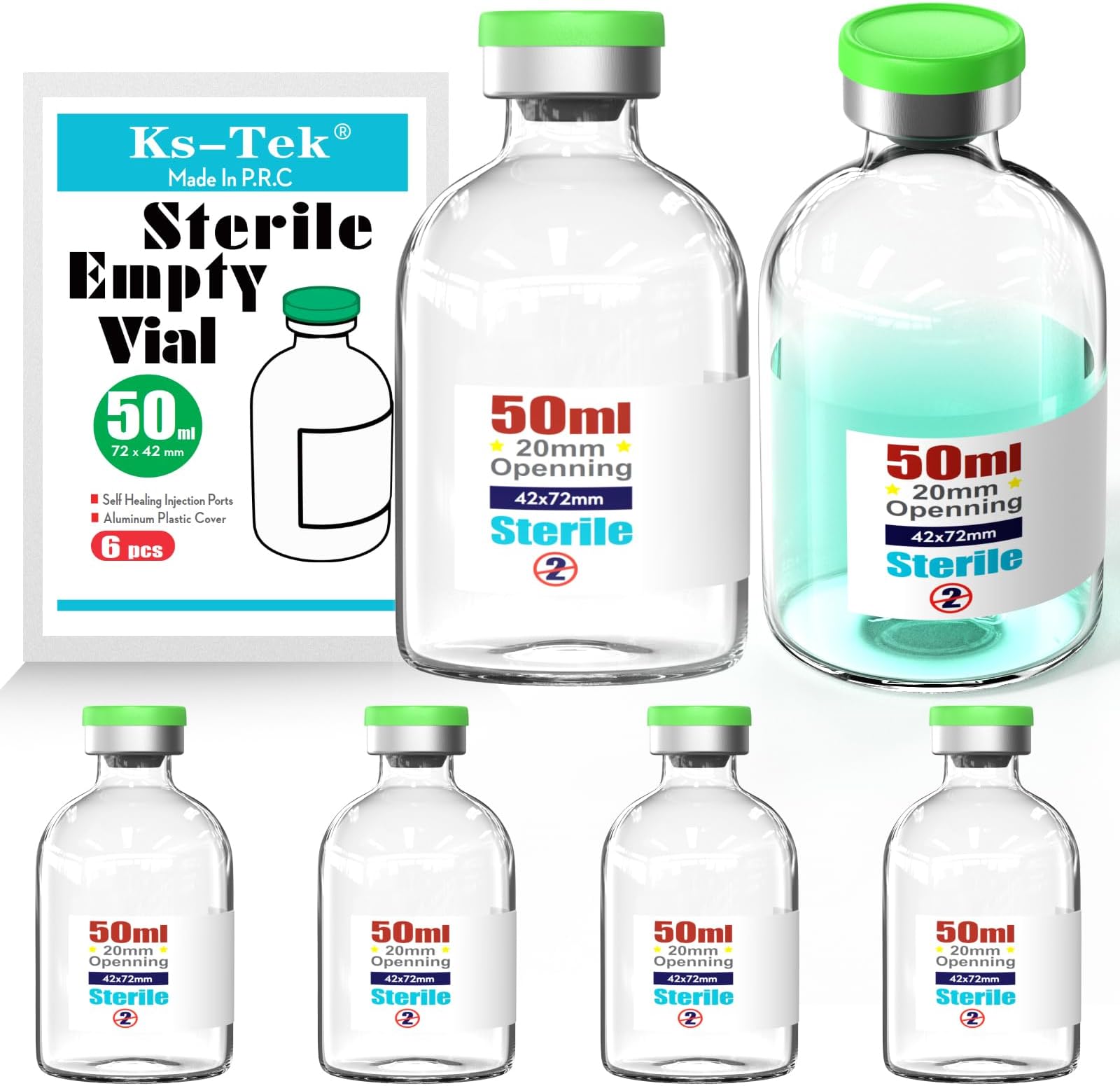 Ks-Tek Sterile Empty Vials with Self Healing Injection Port,with Flip Off Aluminum Cap,Sterile Package (50ml,6)
