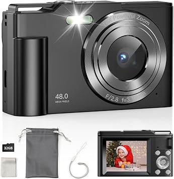 Digital Camera for Kids, FHD 1080P Point and Shoot Childrens Camera with 16X Digital Zoom, Anti-Shake, Flash, 32GB Card, Portable Compact Travel Camera for Boys, Girls Black