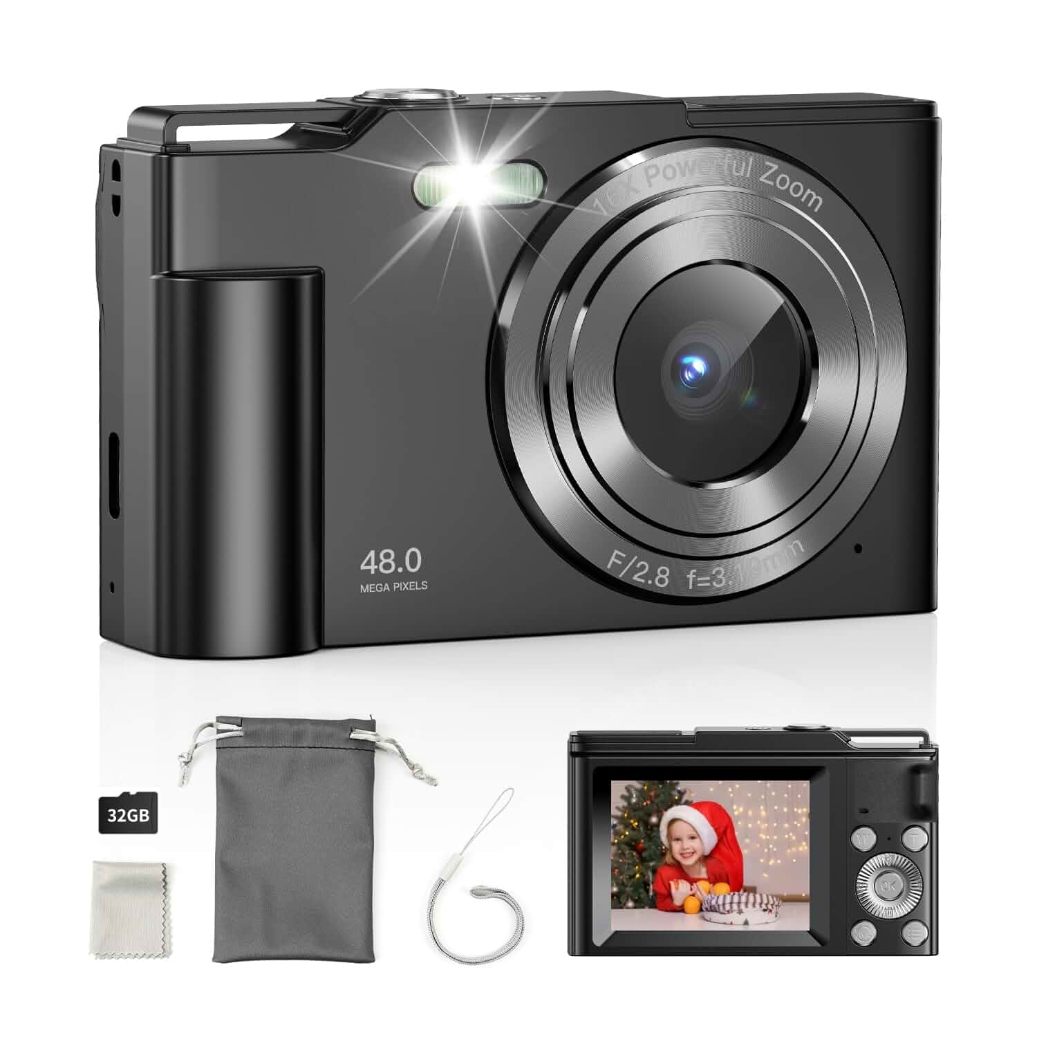 Digital Camera for Kids, FHD 1080P Point and Shoot Children's Camera with 16X Digital Zoom, Anti-Shake, Flash, 32GB Card, Portable Compact Travel Camera for Boys, Girls (Black) Ultracompact
