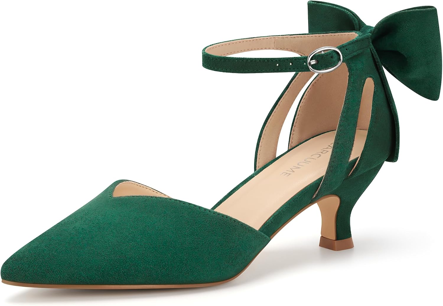 Carcuume Women's Kitten Heels with Bow Closed Toe Sandals Ankle Strap Wedding Pump Shoes
