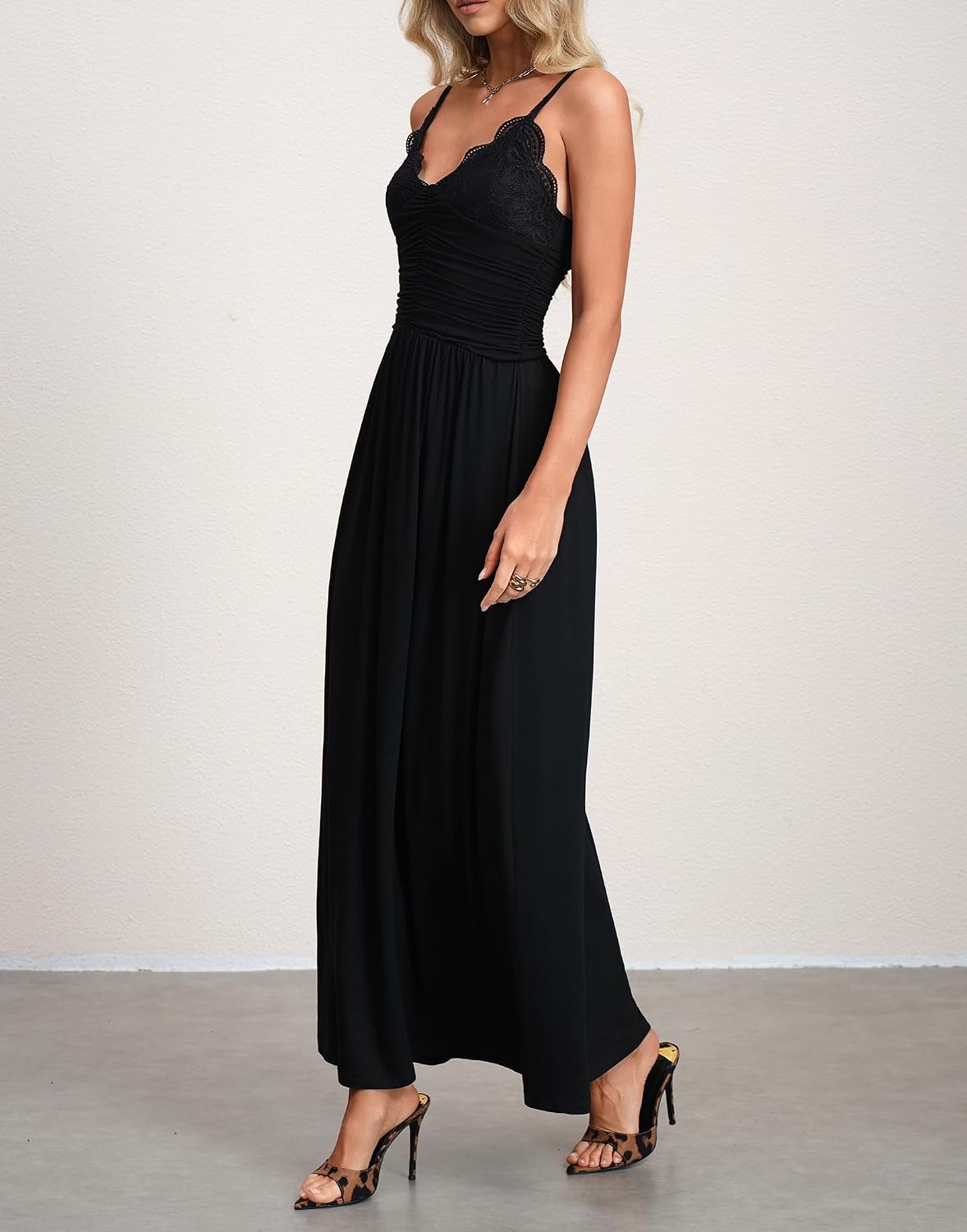 HYPERFIRE Women's Summer Sleeveless Staghetti Strap Maxi Dress Ruched Swing Long Dresses Wedding Guest