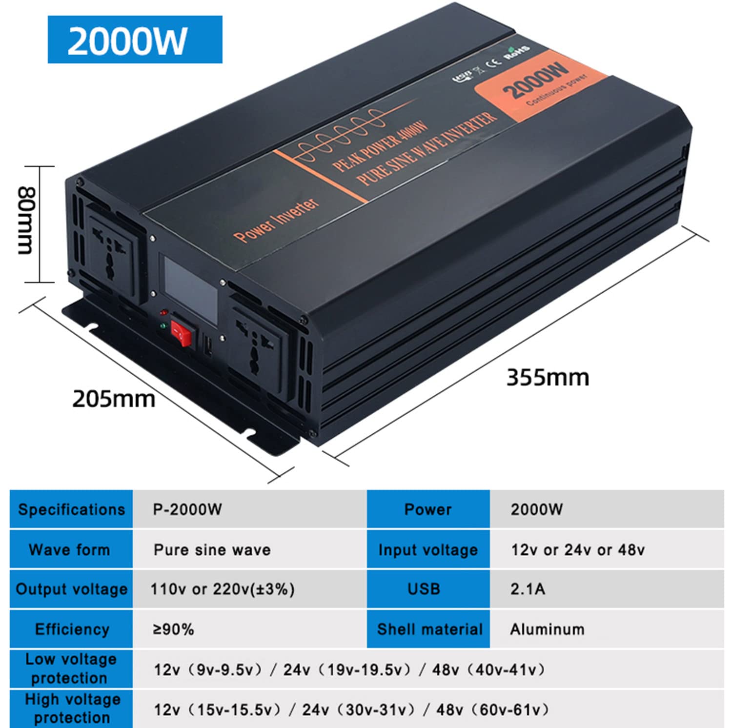2000W 3000W 4000W 5000W falownik czysta fala sinusoidalna 12V 24V 48V do 230V przetwornica napięcia samochodowego przetwornica napięcia z ekranem LCD i 2 portami USB,2000W-48Vto230V