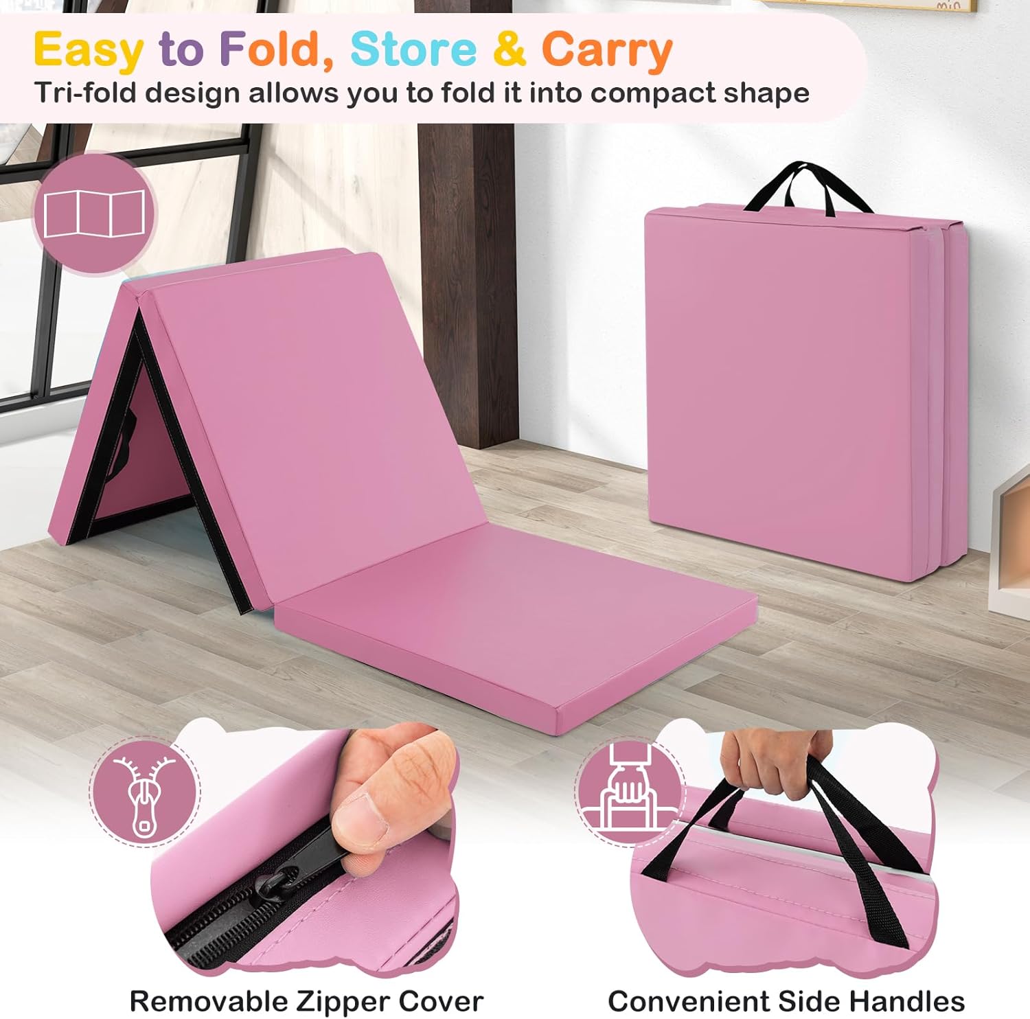 GYMAX Folding Gymnastics Mat, Tri-fold 6’ x 2’ x 2” Exercise Mat with Carrying Handles, Waterproof PU Leather, Hook & Loop Fasteners, Portable Lightweight Tumbling Mat for Yoga Home Gym Fitness (Pink)