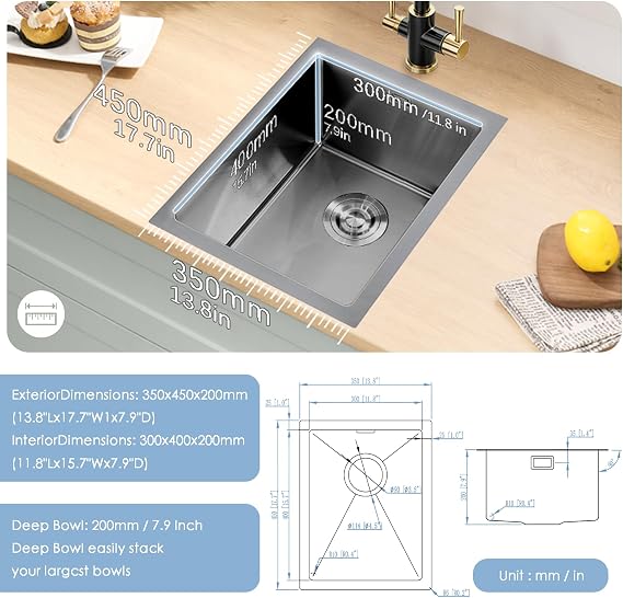 Black Small Kitchen Sink Set 35x45 cm Stainless Steel Single Bowl Mixer Tap | Undermount Topmount with Double Handle Mixer Tap, Waste Strainer, Roll-up Drying Rack, Overflow, Siphon