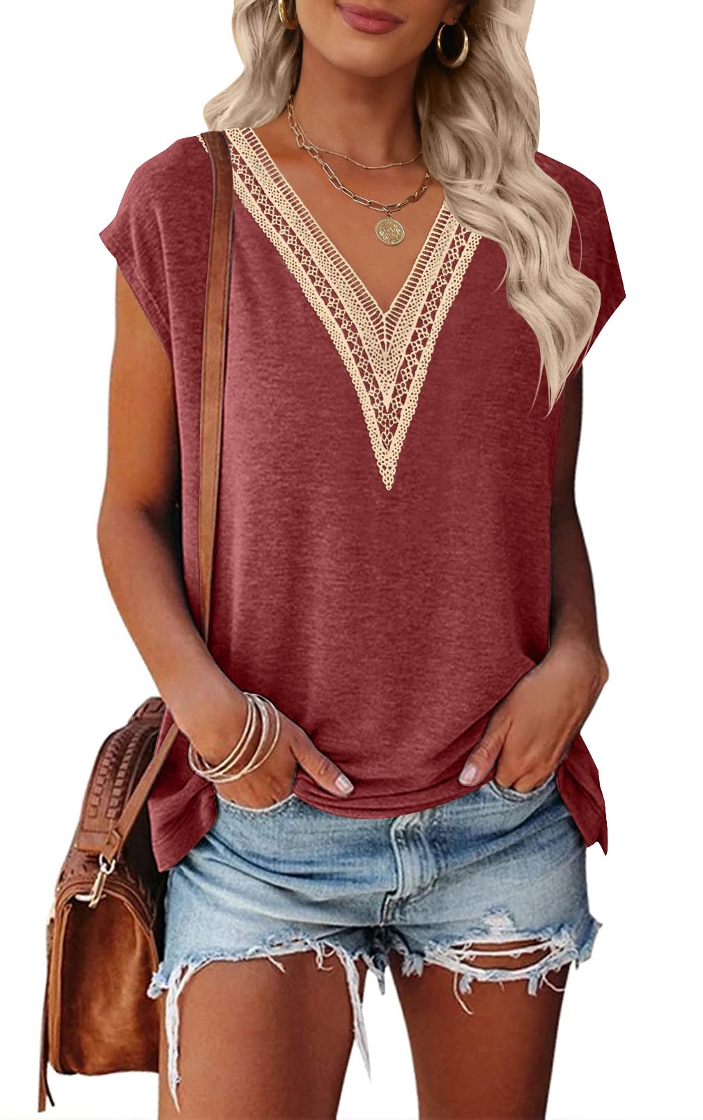 MEROKEETY Women's Casual Cap Sleeve Lace Trim V Neck Tops 2025 Summer Loose Tee Shirts Blouse