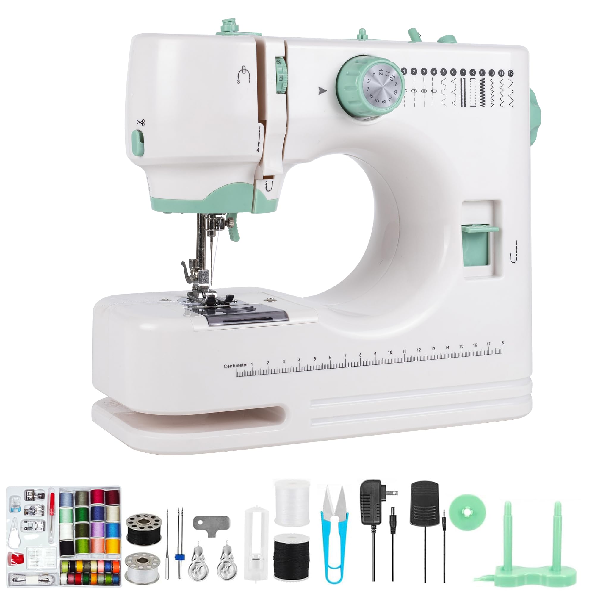 Nähmaschine Kompakt Multifunktion 12 Stichprogramme 2 Geschwindigkeiten Doppelstich mit Fußpedal und Knopfsteuerung Anfänger und Profis LED Beleuchtung Tragbar für DIY Kleidung (Grün)
