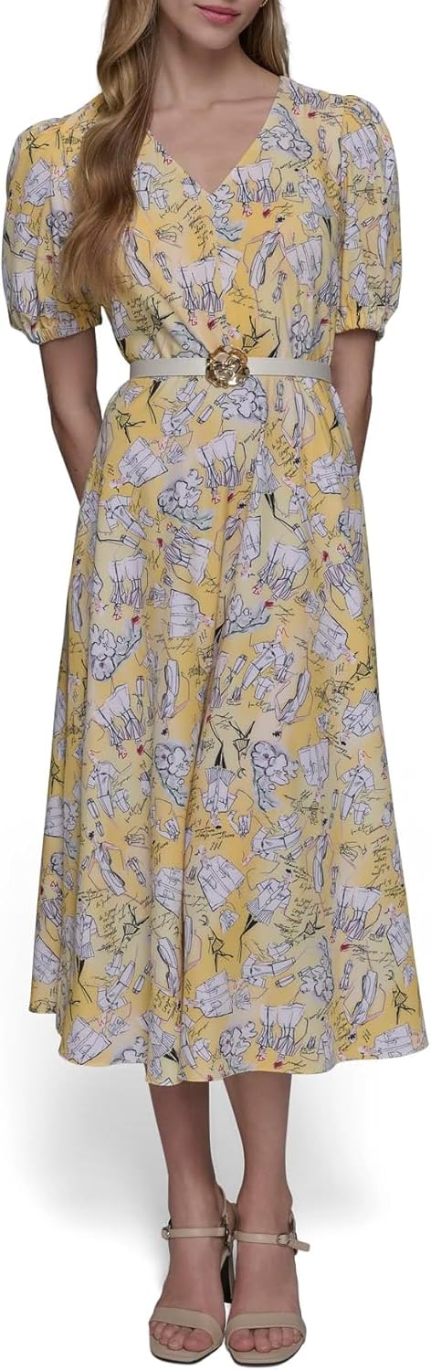 Karl Lagerfeld Womens V Neck Puff Sleeve Midi Dress