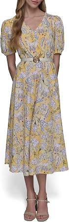 Karl Lagerfeld Womens V Neck Puff Sleeve Midi Dress