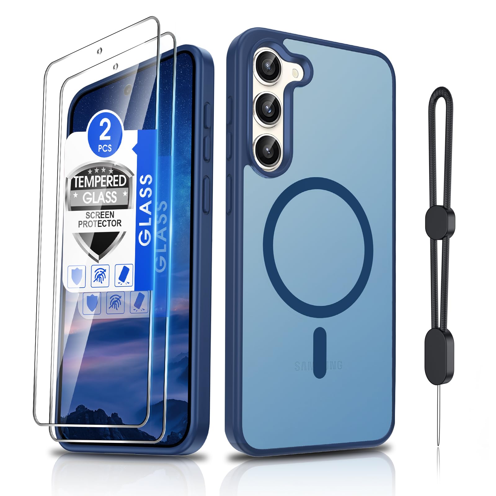 Dizn for Samsung Galaxy S23 Plus Matte Cover,[Not Fit S23],S23 Plus Phone Case with Tempered Glass Screen Protector,Compatible with MagSafe,with Strap,Military-Grade Protective S23+,Sapphire Blue