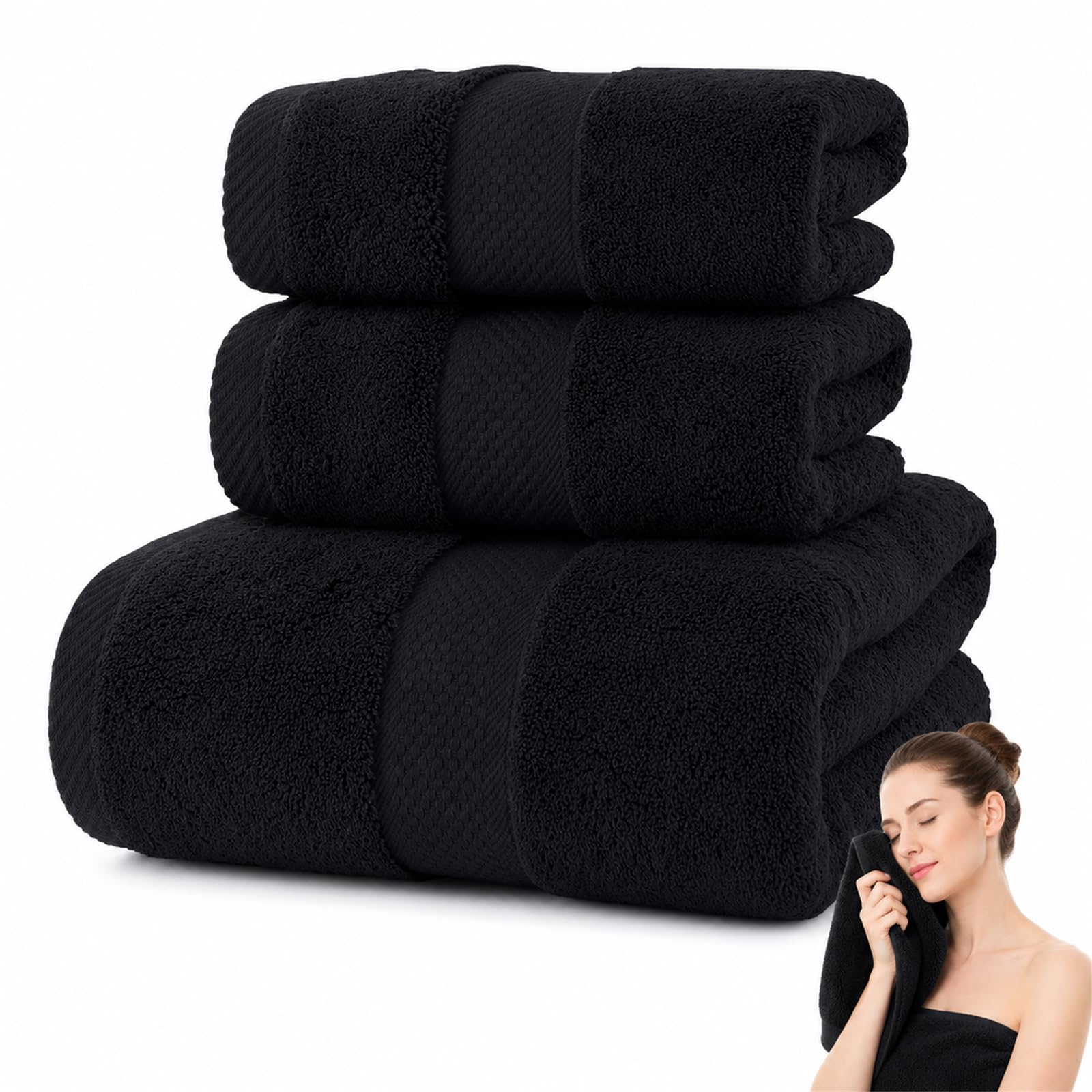 Juego de 3 toallas de baño de algodón de 800 g/m², color negro, talla única