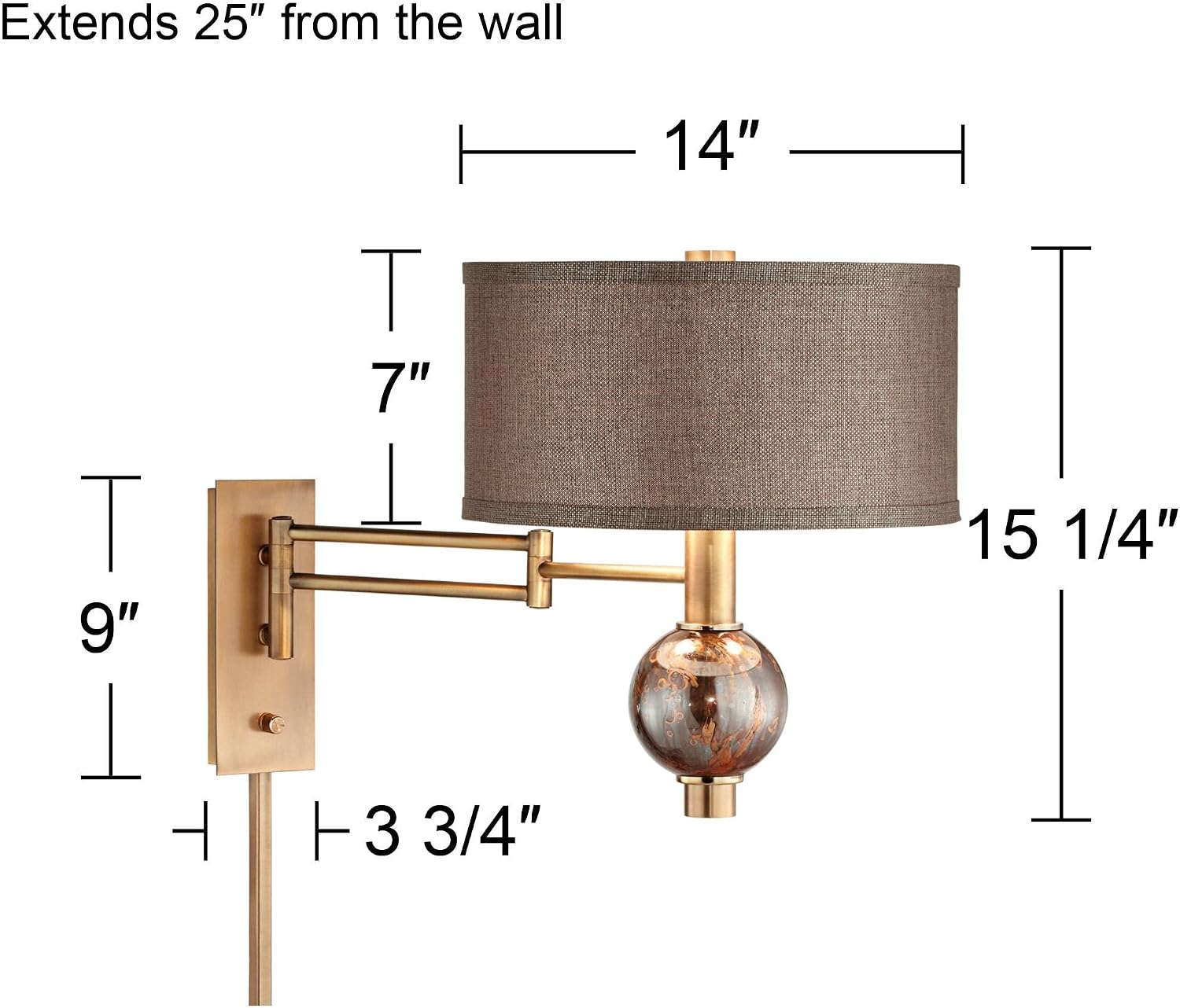 360 Lighting Richford Modern Swing Arm Wall Lamp Polished Brass Marbled Glass Sphere Plug-in Light Fixture Taupe Drum Shade for Bedroom Bedside House Reading Living Room Home Hallway Dining