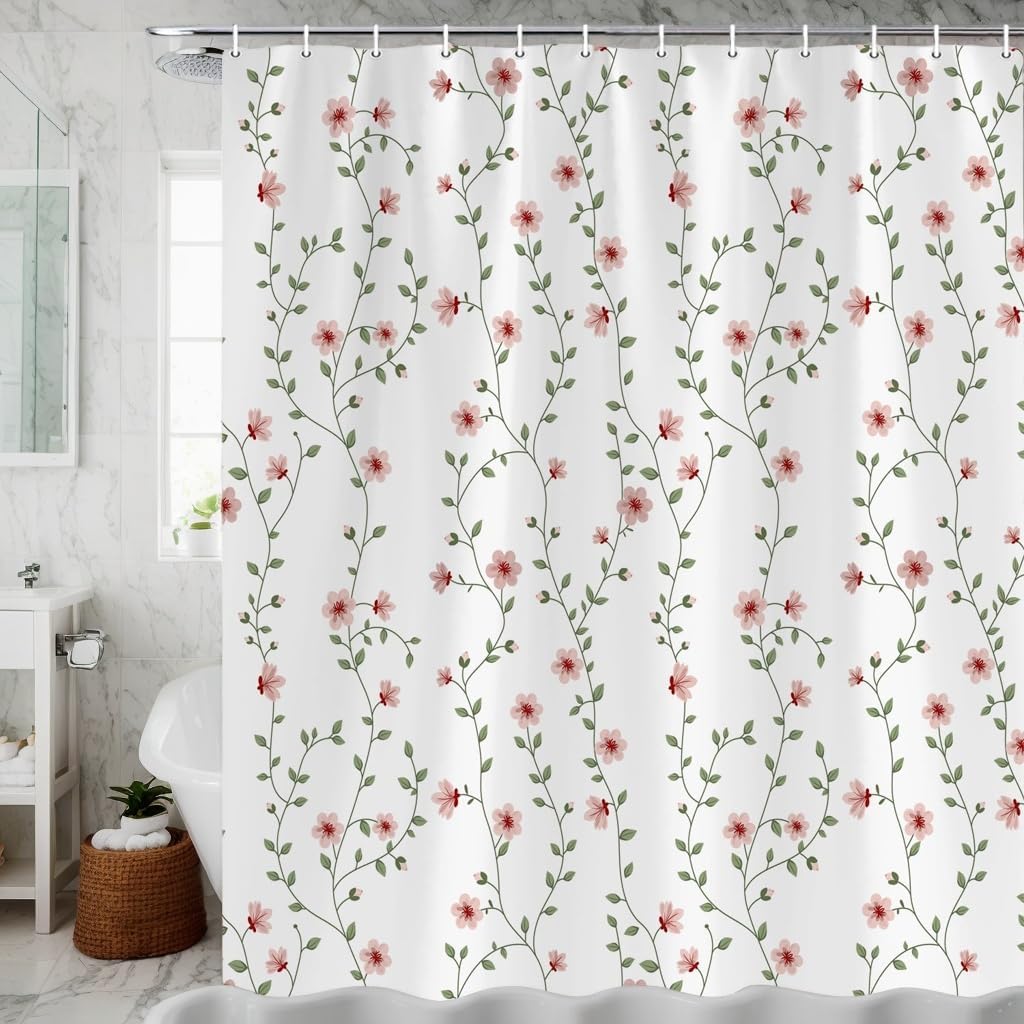 TOMOZ Pink Floral Shower Curtain, A Branch with Flowers and Leaves Shower Curtains for Bathroom, Botanical Green Ivy Fabric Bath Curtain with 12 Hooks 69 x 78Inch