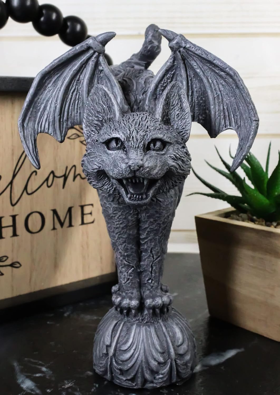 Ebros Gift Bizarre Gothic Bat Winged Vampire Tooth Cat Gargoyle Figurine 7" Tall Stoic Feline Guardian Castle Top Warden Creature Sculpture