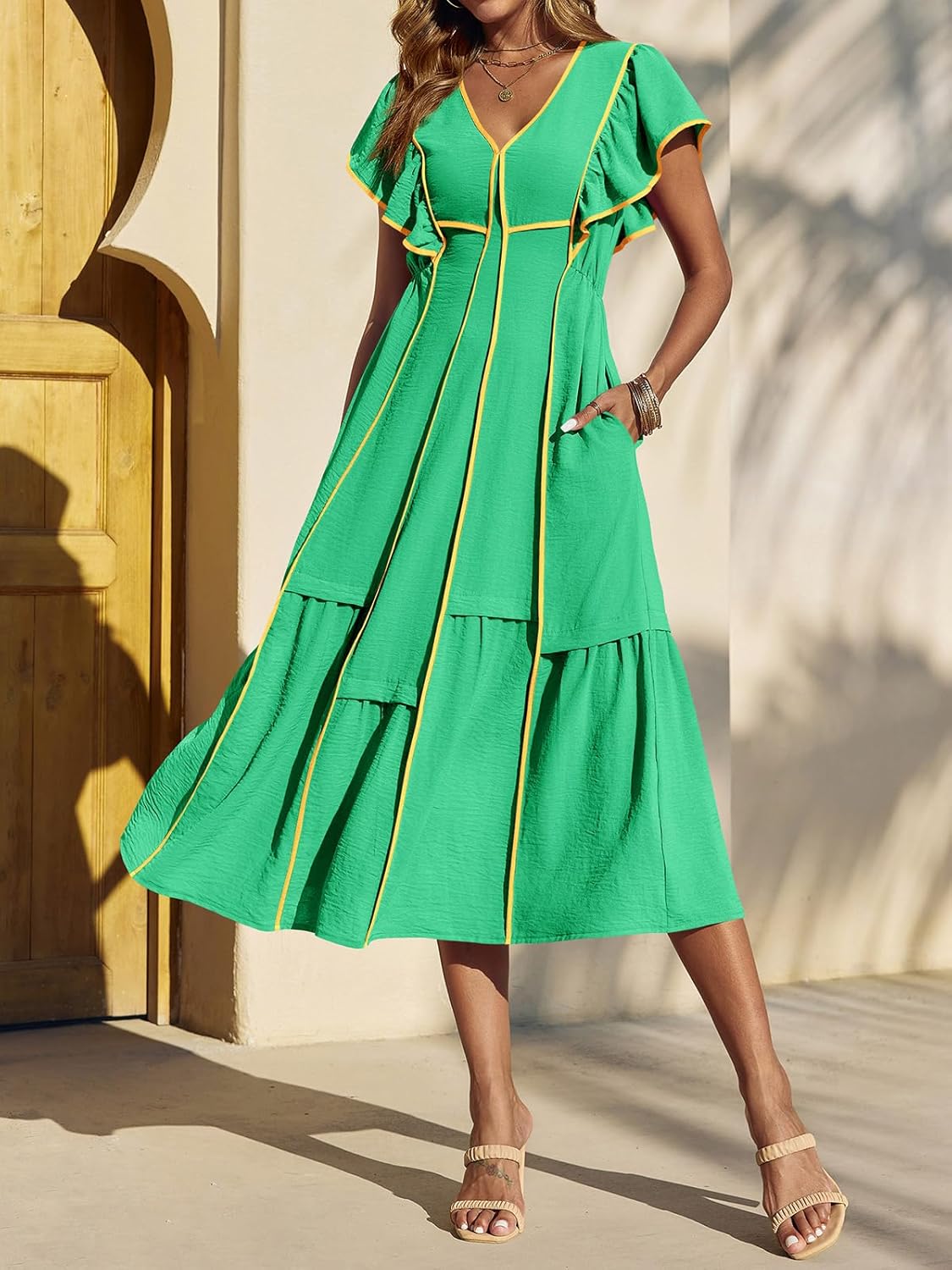 Wenrine Womens Summer V Neck Midi Dress Casual Ruffle Sleeve Contrast Color Loose Fit Flowy Long Dresses Green - Image 2