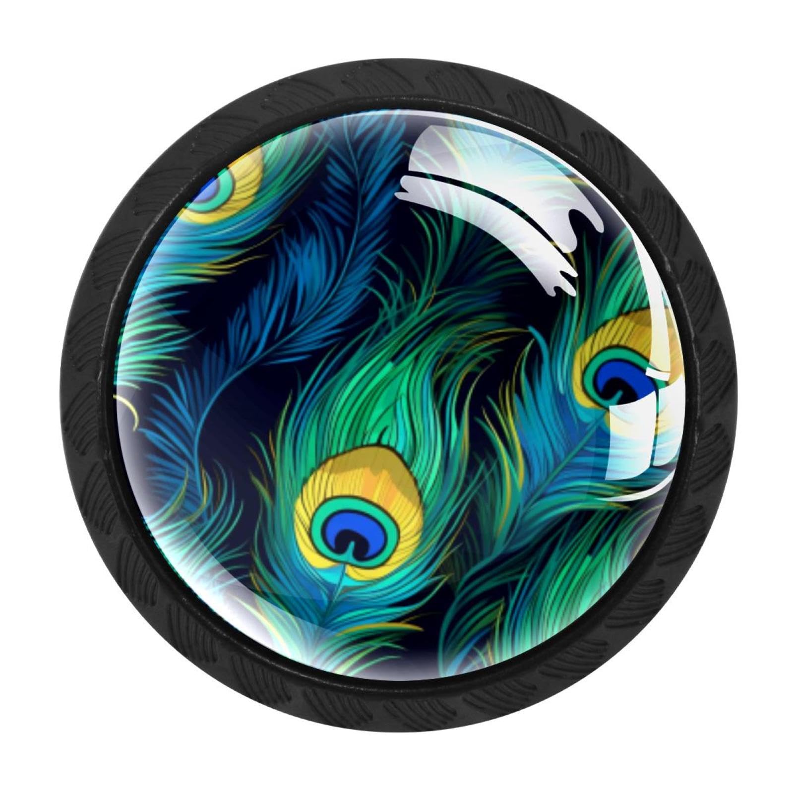 CHENZZZZ 4 Pack Black Peacock Feather Drawer Knobs, Cabinet Knobs Round Glass Knobs for Kitchen Cabinet Hardware Bathroom 35MM