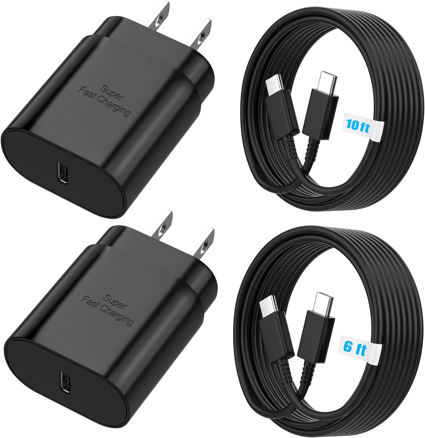 TT&C 25W Charger for Android, Super Fast Charging USB C Block & Type C Charge Cable Cord (6ft & 10ft) Compatible with Samsung Galaxy S26, S25, S24 Plus, S23, S22, & for iPhone 15/16/17-Black 2-Pack