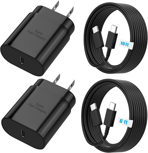 TT&C 25W Charger for Android, Super Fast Charging USB C Block & Type C Charge Cable Cord (6ft & 10ft) Compatible with Samsung Galaxy S26, S25, S24 Plus, S23, S22 & for iPhone 17/16/15- Black 2-Pack