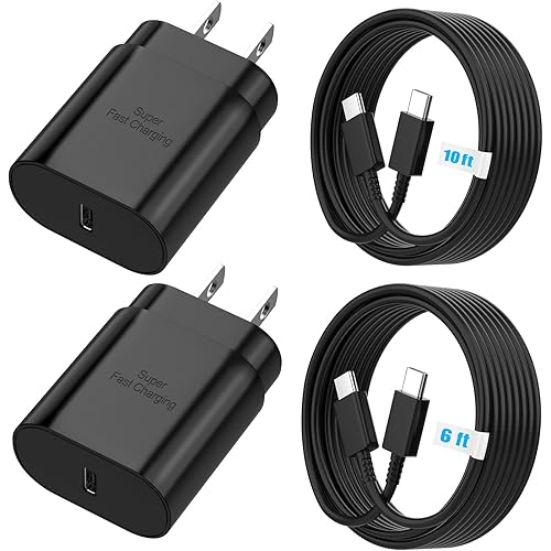 TT&C 25W Charger for Android, Super Fast Charging USB C Block & Type C Charge Cable Cord (6ft & 10ft) Compatible with Samsung Galaxy S26, S25, S24 Plus, S23, S22, & for iPhone 15/16/17-Black 2-Pack