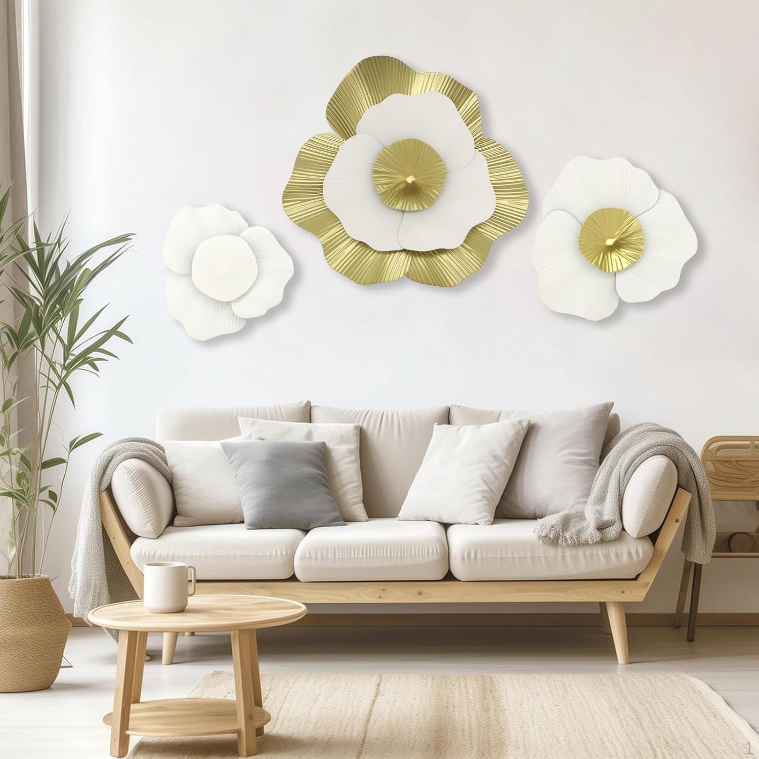JinKune 3 Piece Metal Flower Wall Decor 3D Double Layered Floral Wall Art, Rustic Modern Wall Hanging Home Decorations Gold-White Wall Sculpture Decor For Living Room Bedroom Kitchen Dining Room