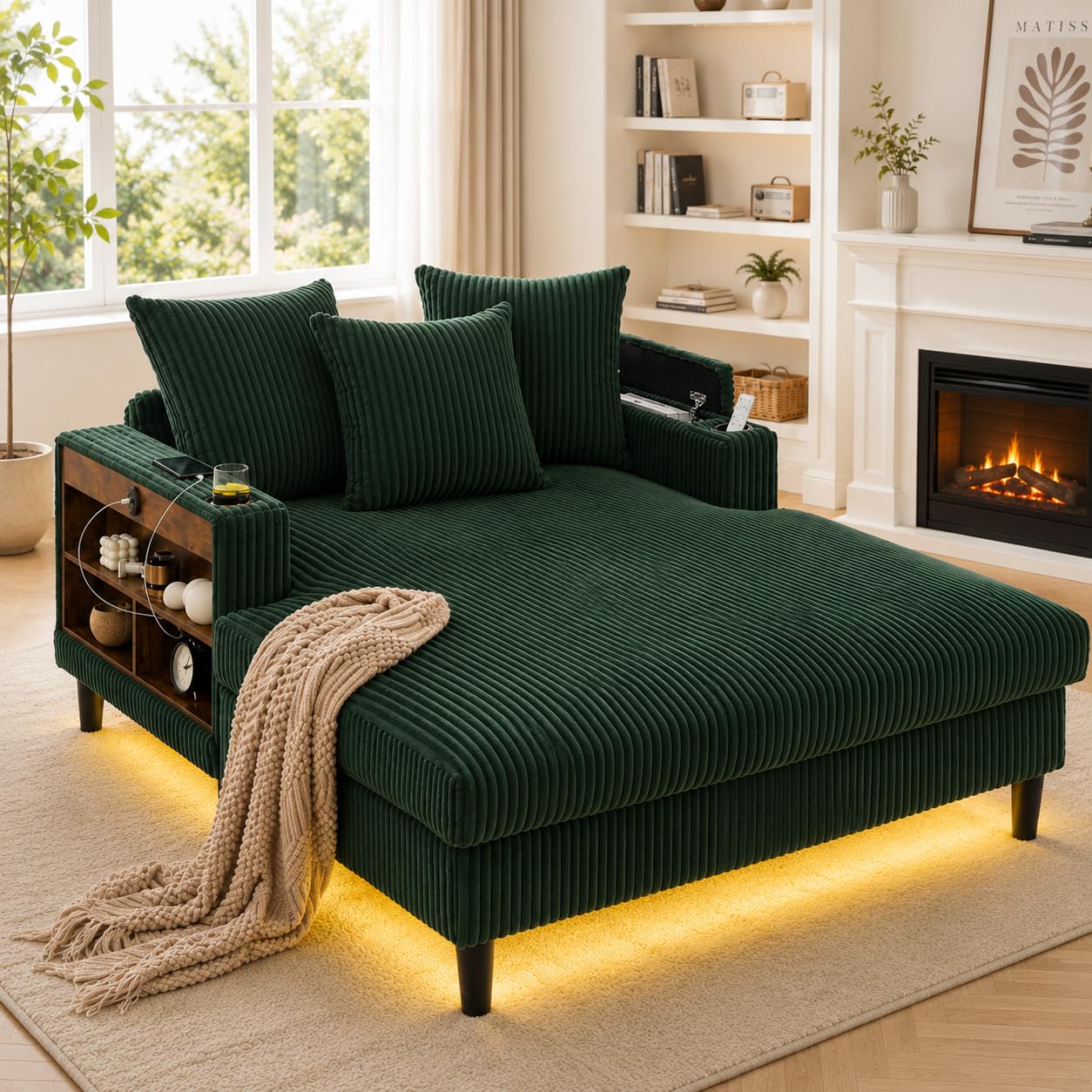 Salón multifuncional de pana con chaise longue con gran superficie de descanso, soporte para bebidas en ambos lados, bolsillo lateral, espacio de almacenamiento, patas de plástico estables