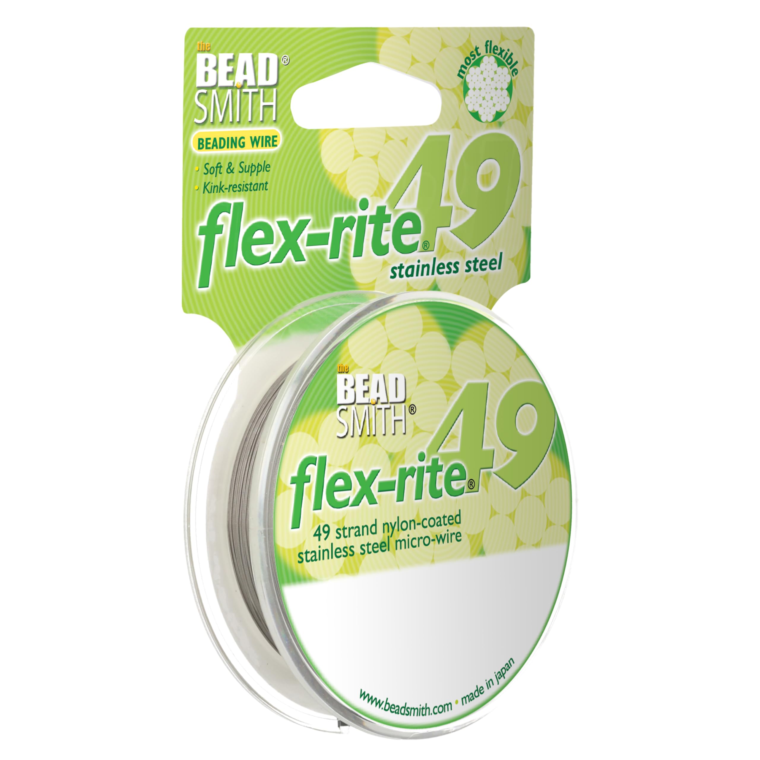 The Beadsmith Alambre para bisutería Flex-Rite - Alambre de acero inoxidable recubierto de nailon de 49 hebras, 0,010" (0,24 mm) de diámetro, transparente, carrete de 30 pies.