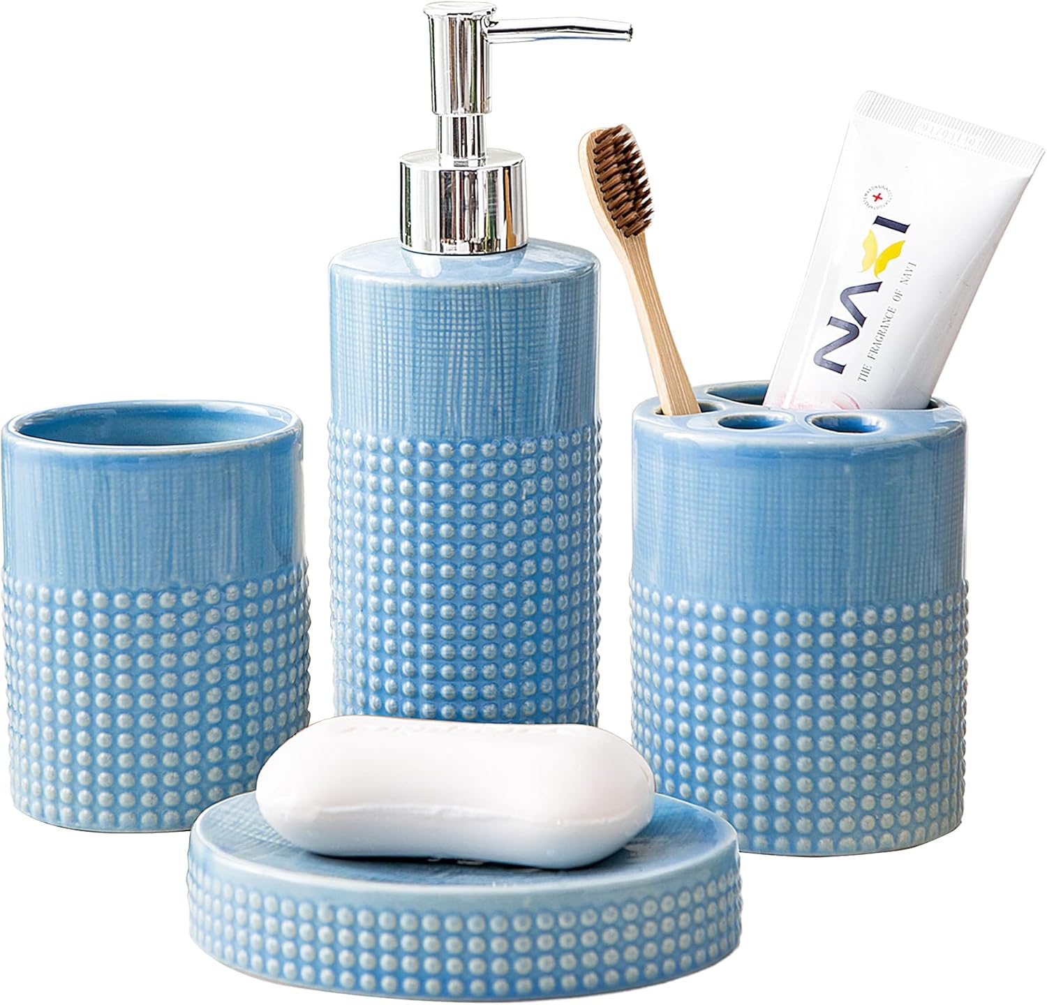 Amazon.com: Kendiis Bathroom Accessories Set - 4 Piece Blue Ceramic ...