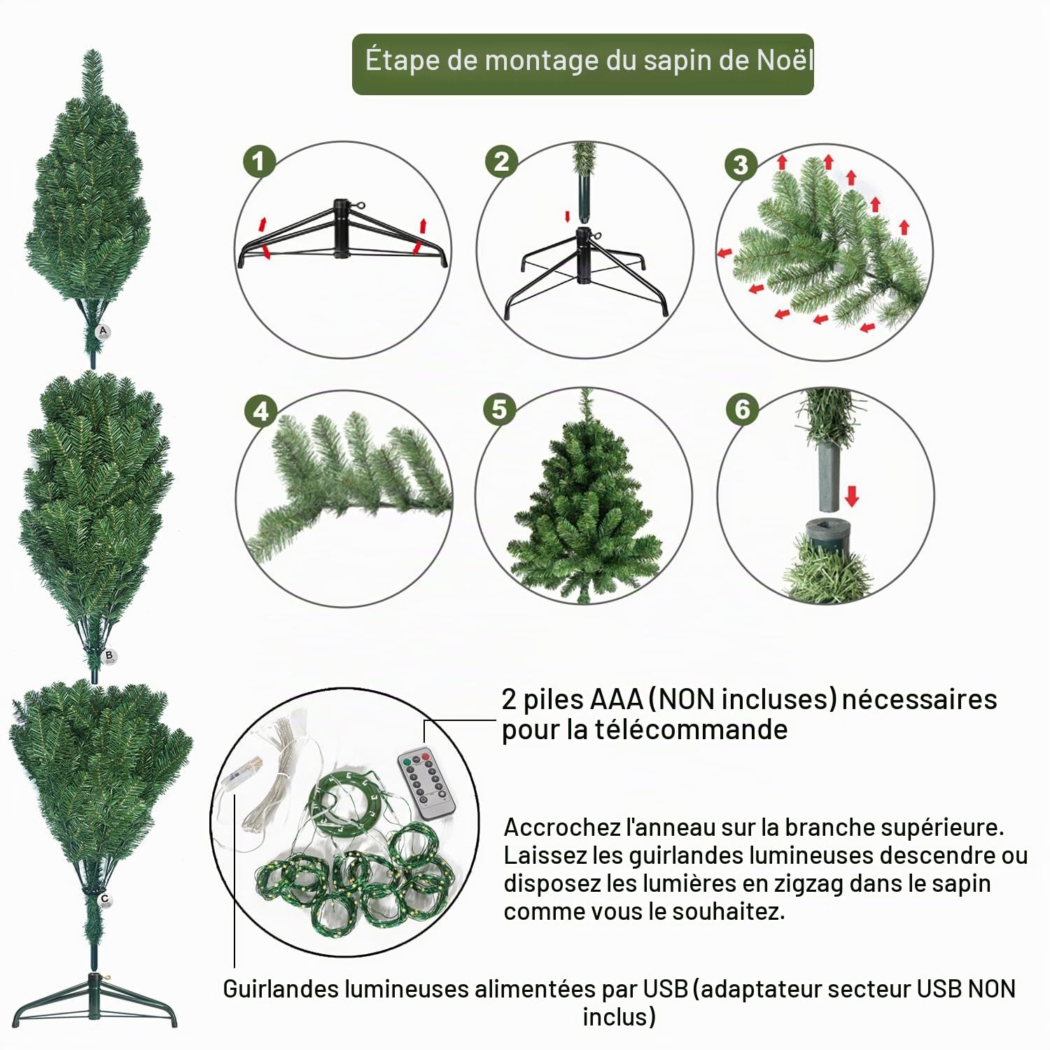 Sapin de Noël Artificiel 180cm avec décorations et lumières 300 LEDs lumière et Ornements Bois Nior Décorations de Noël Comprenant des Boules de Sapin de Noël artificielles complètes