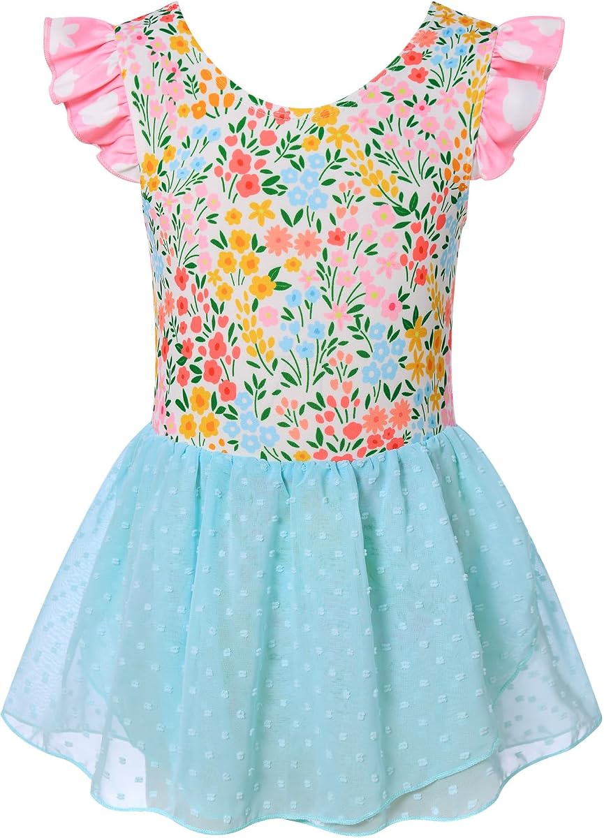 Funnycokid Ballet Leotard for Girls Dance Leotards Ballerina Outfit | Girl Gymnastics Outfits with Skirt Toddler Princess Tutu Dress Ruffle Sleeve Size 3-8