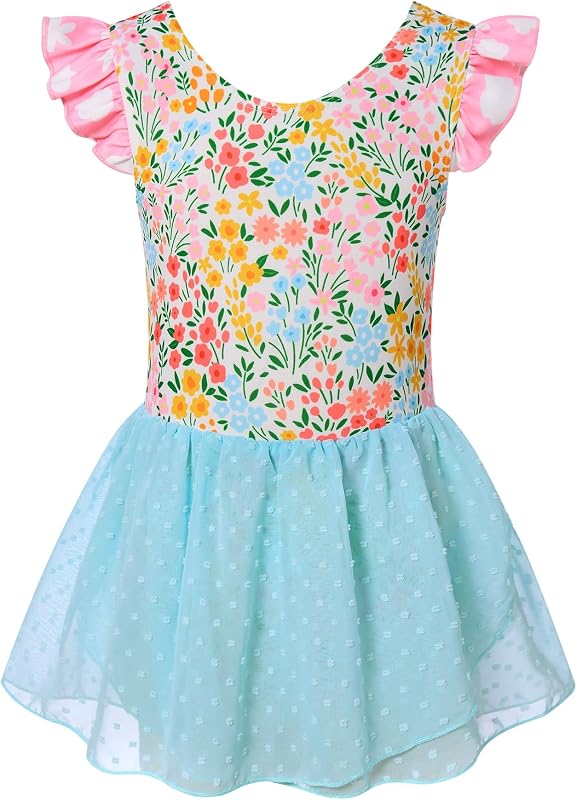 Funnycokid Ballet Leotard for Girls Dance Leotards Ballerina Outfit | Girl Gymnastics Outfits with Skirt Toddler Princess Tutu Dress Ruffle Sleeve Size 3-8