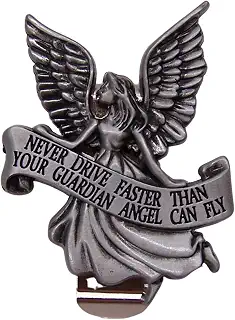 Wowser ガーディアンエンジェル カーバイザークリップ、シルバートーン オートサンバイザーチャーム 「Never Drive Faster Than Your Guardian Angel Can Fly」メッセージ付き