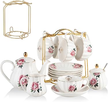 Porcelain Tea Sets British Royal Series, 8 OZ Cups& Saucer Service for 6, with Teapot Sugar Bowl Cream Pitcher Teaspoons and tea strainer and Display Stand for Tea/Coffee Flower