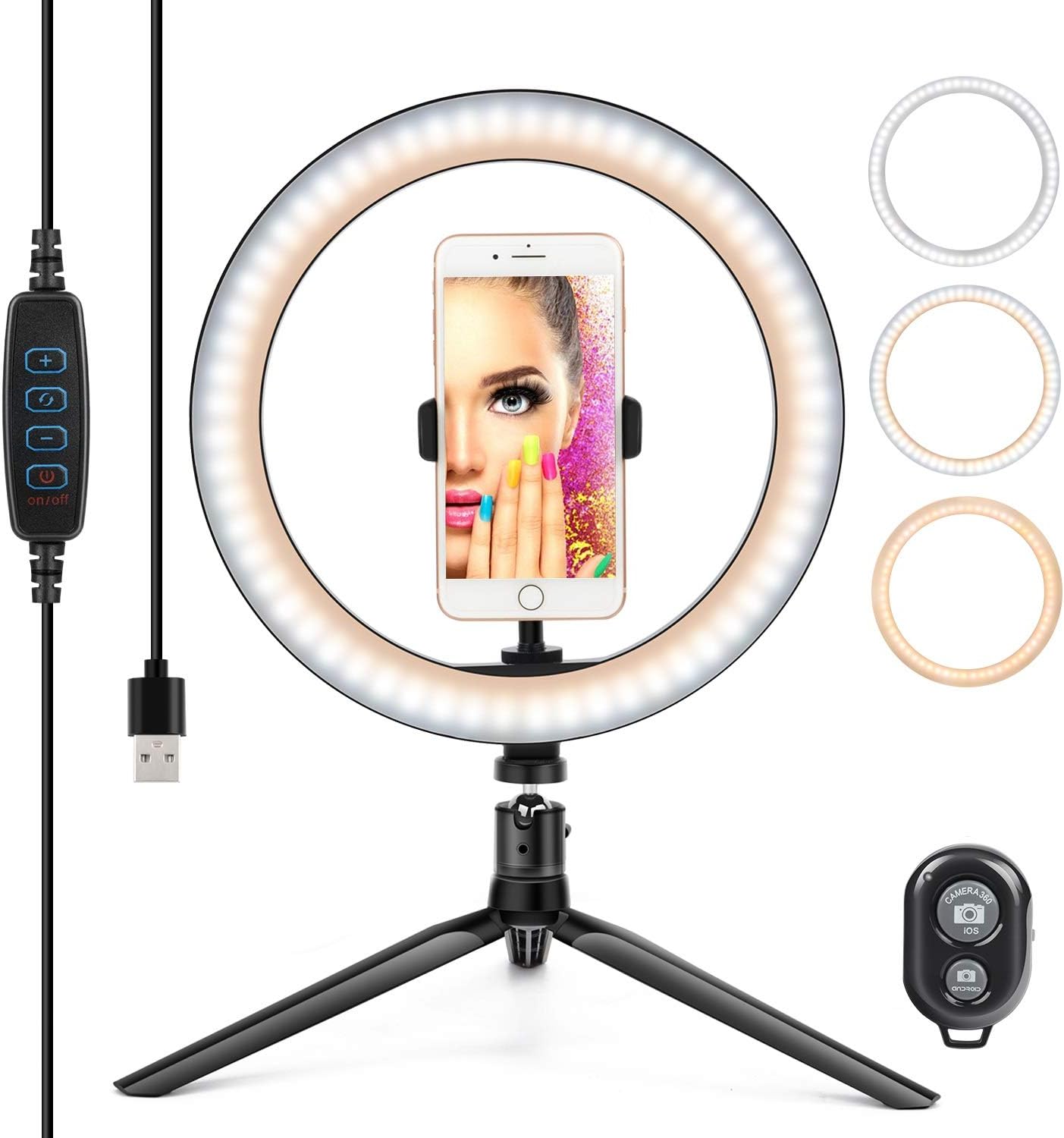 10” Ring Light LED Desktop Selfie Ring Light USB LED Desk Camera Ringlight 3 Colors Light with Tripod Stand iPhone Cell Phone Holder and Remote Control for Photography Makeup Live Streaming (Natural): Camera & Photo
