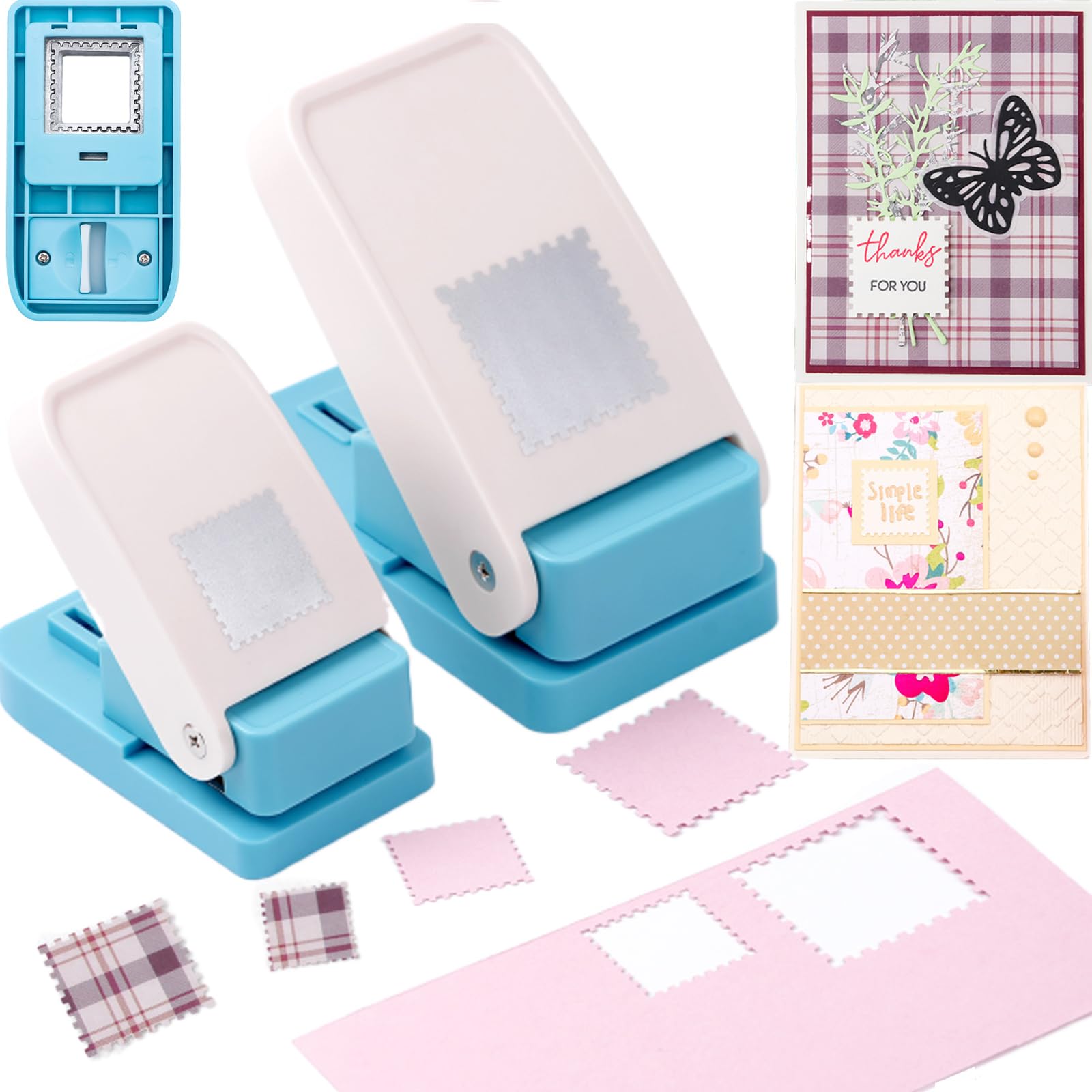 2 Stück quadratischer Stempelstanzer, 3,8 cm und 2,5 cm, Briefmarkenform-Papierstanzer, Hebel-Postkarten-Papierstanzer zum Basteln, Tagebuch, Briefmarken, Stanzer für Scrapbooking, Journaling