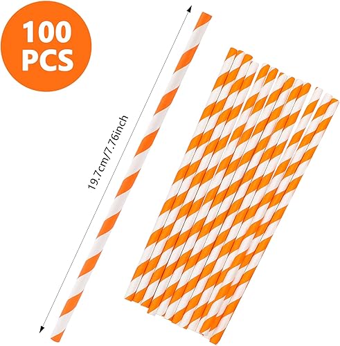 Miniatura 2 de 100 popotes naranjas, pajitas desechables de 7.76 pulgadas, pajitas de papel a rayas naranjas para beber, bebé, revelación de género, fiesta,