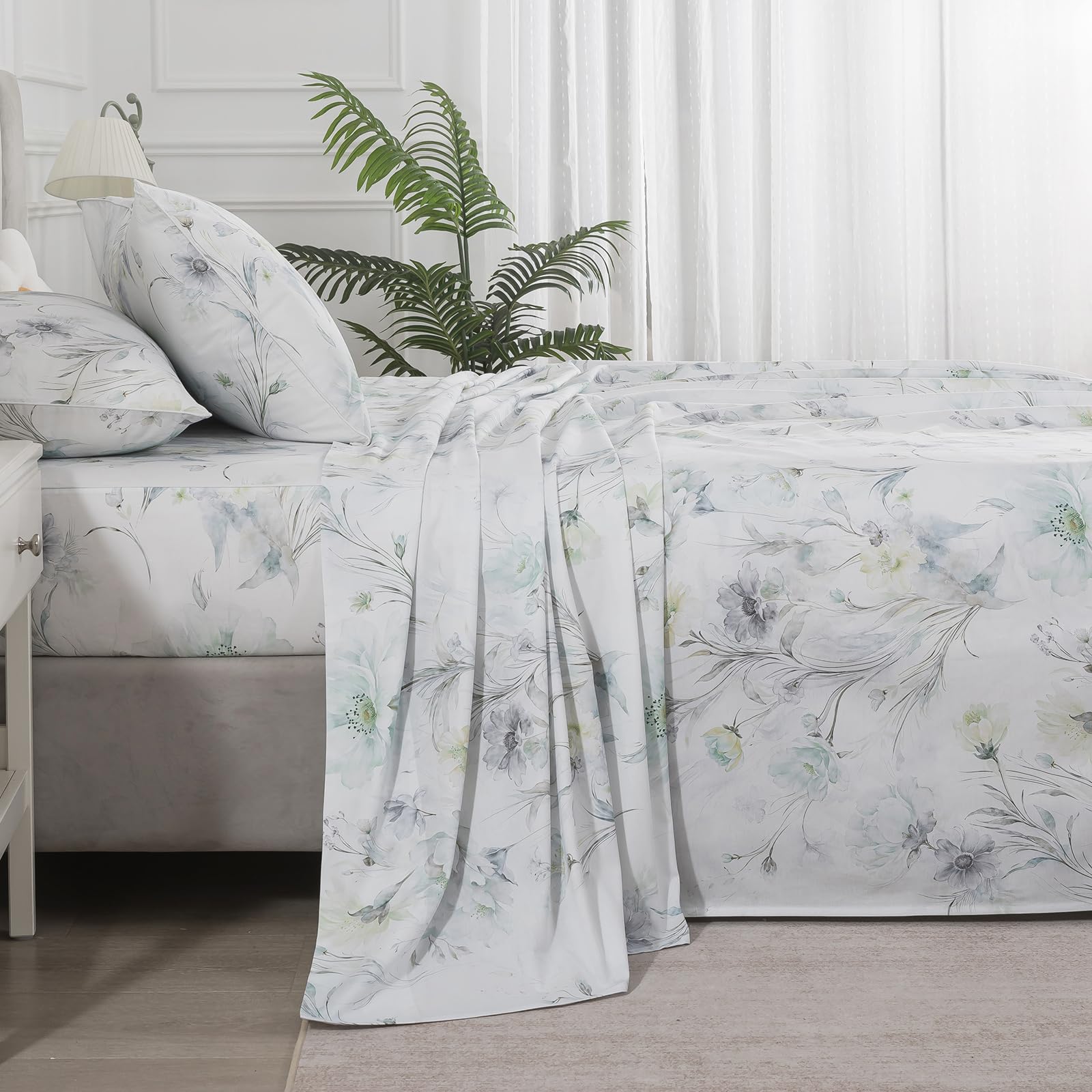 Vintage Green Floral Percale Sheets California King, Deep Pocket | 100% Cotton White Flower Sheet Set, Shabby Chic Bed Sheets, Neutral Toile Bedding, Charcoal Black Peony, Soft Crisp, 4Pcs