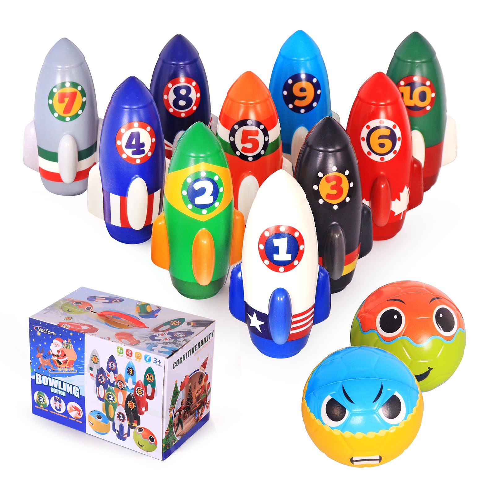 Nattork Rocket Children's Bowling Set - Bowling Set for Toddlers Indoor and Outdoor with 10 Foam Nails and 2 Balls, Educational Game for Kids 4-5 and 5-12 Years, Gift